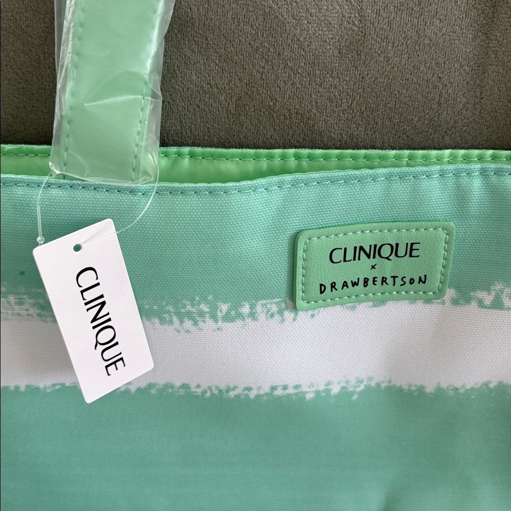 NWT Clinique x Drawbertson Mint & White Striped Lined Tote Bag Boho Beach Vaca - Picture 4 of 8